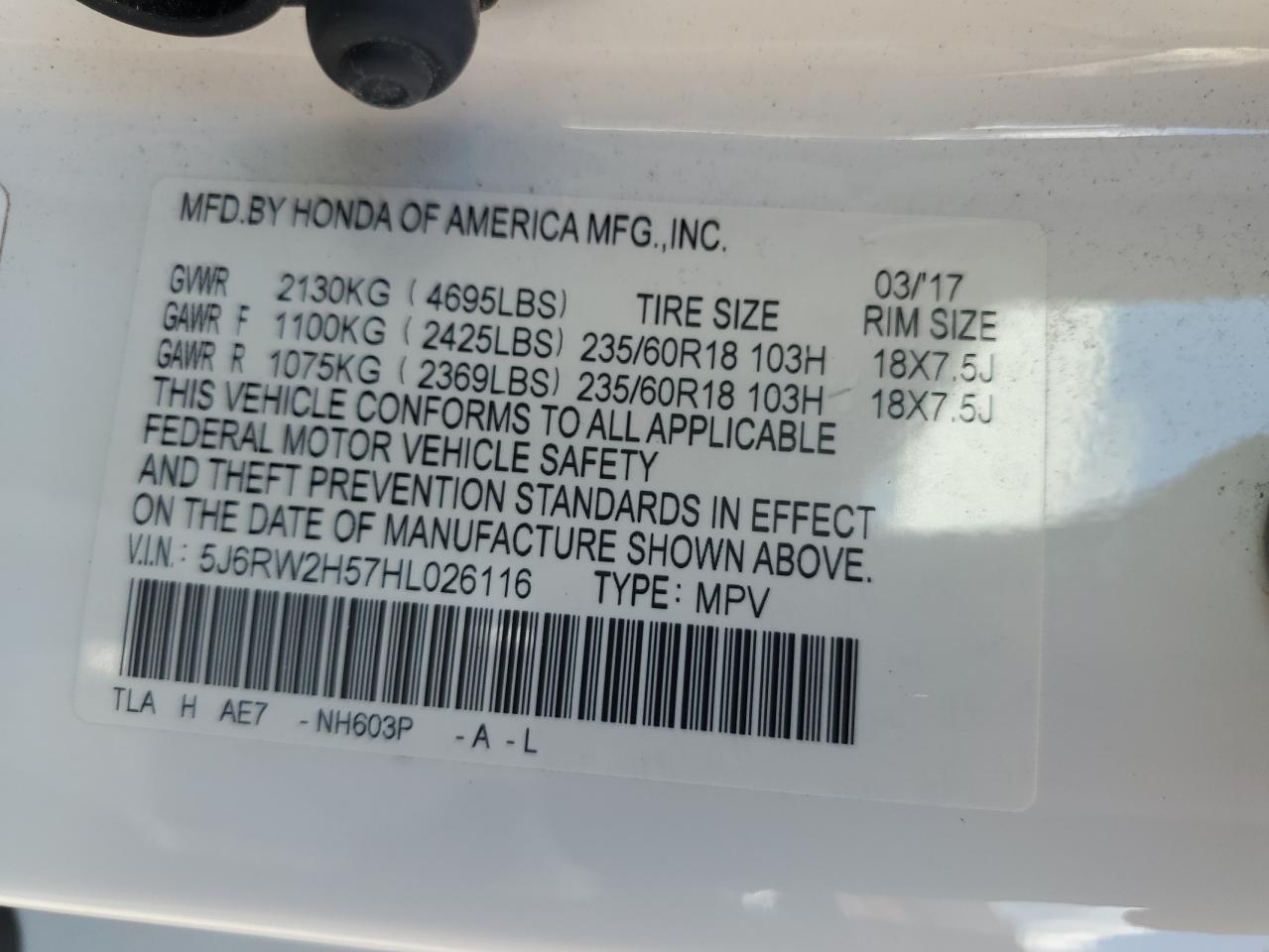 2017 Honda Cr-V Ex VIN: 5J6RW2H57HL026116 Lot: 66038165