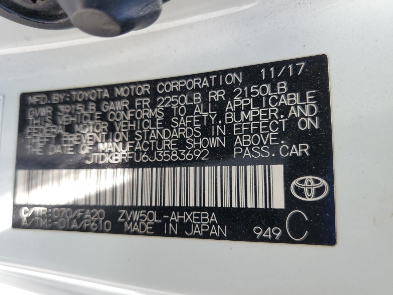 2018 Toyota Prius VIN: JTDKBRFU6J3583692 Lot: 64493675