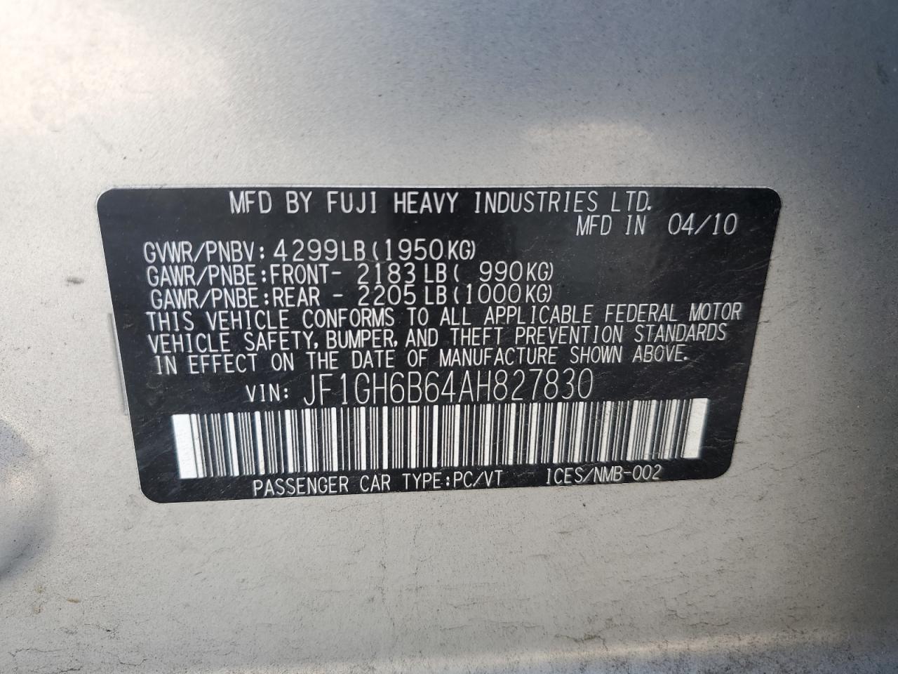 2010 Subaru Impreza 2.5I Premium VIN: JF1GH6B64AH827830 Lot: 64033045