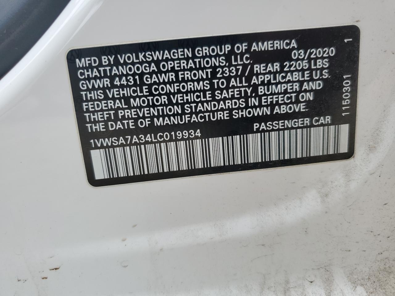 2020 Volkswagen Passat Se VIN: 1VWSA7A34LC019934 Lot: 64655885