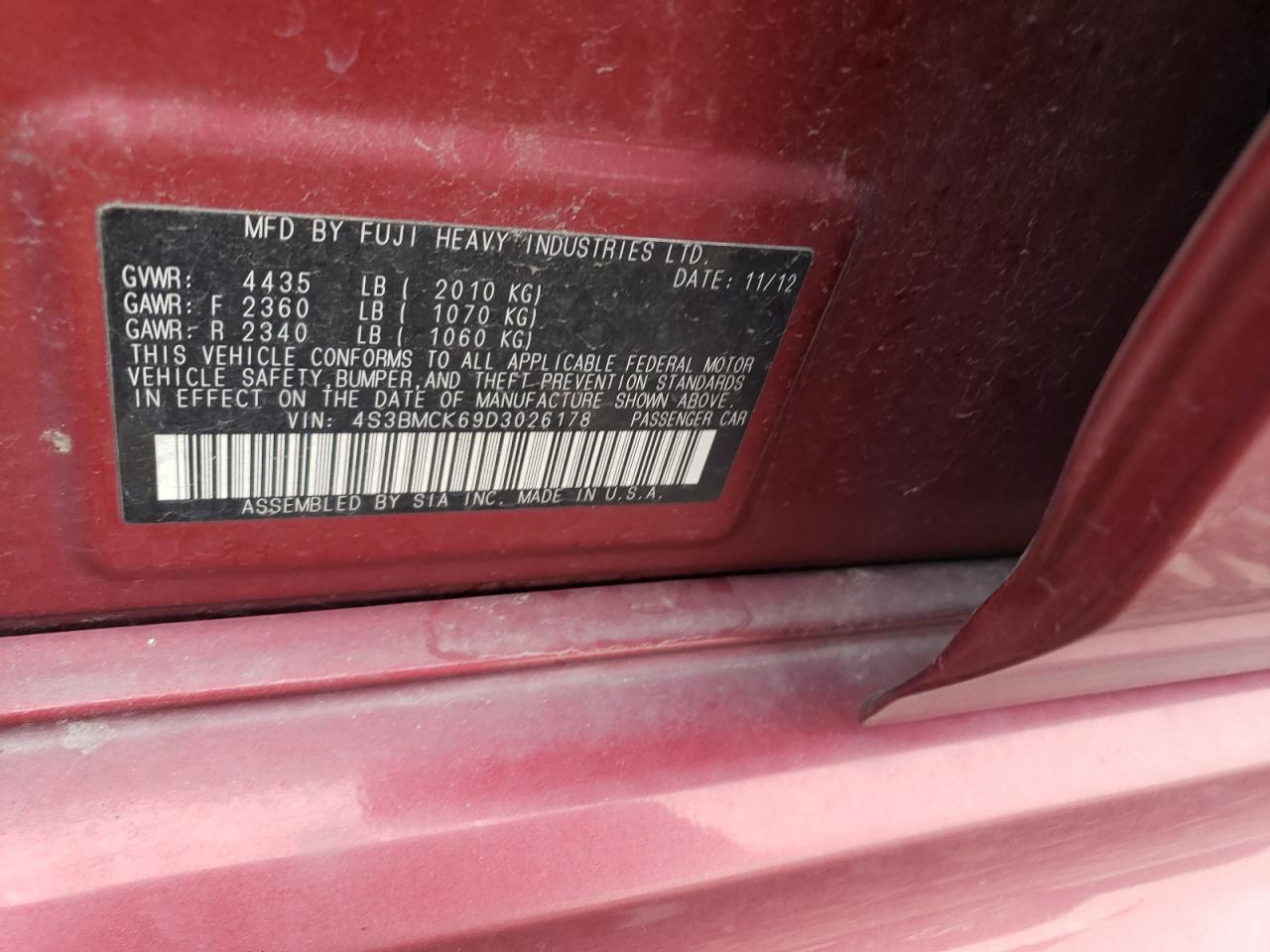 2013 Subaru Legacy 2.5I Limited VIN: 4S3BMCK69D3026178 Lot: 65076295