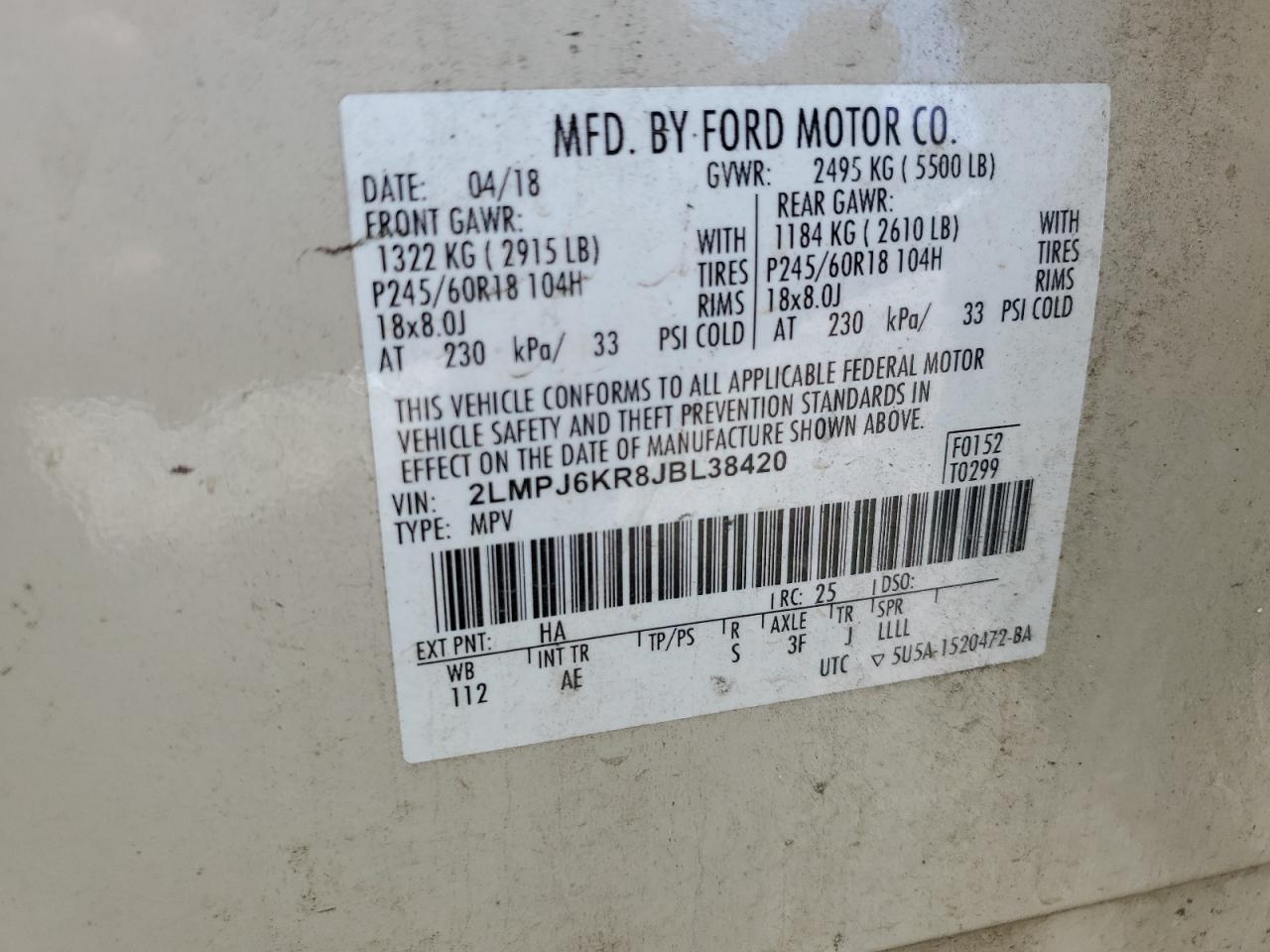 2lmpj6kr8jbl38420 2LMPJ6KR8JBL38420 2018 Lincoln Mkx Select