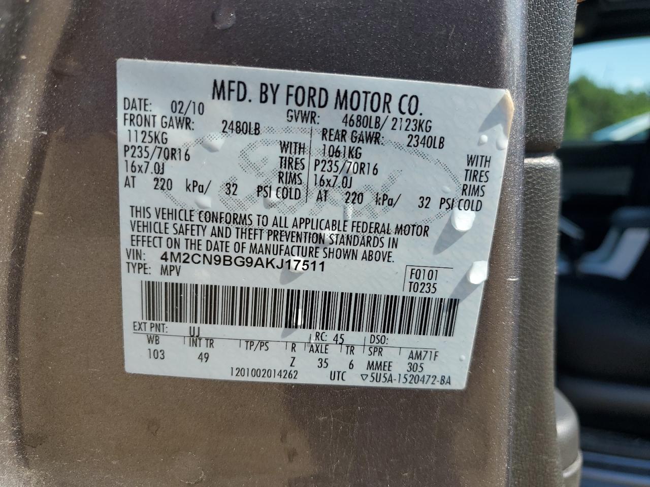 2010 Mercury Mariner VIN: 4M2CN9BG9AKJ17511 Lot: 63789835