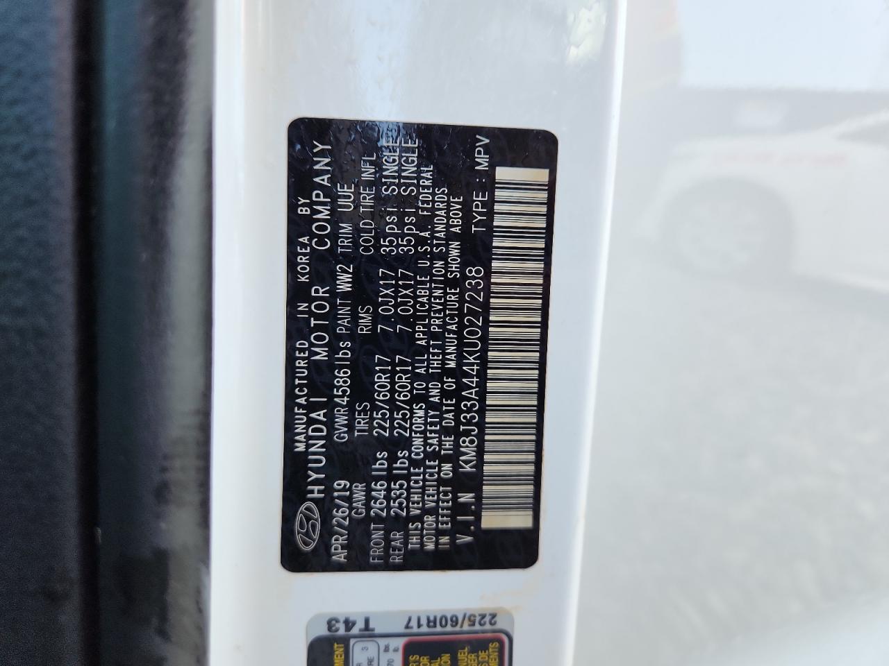 2019 Hyundai Tucson Limited VIN: KM8J33A44KU027238 Lot: 64676325