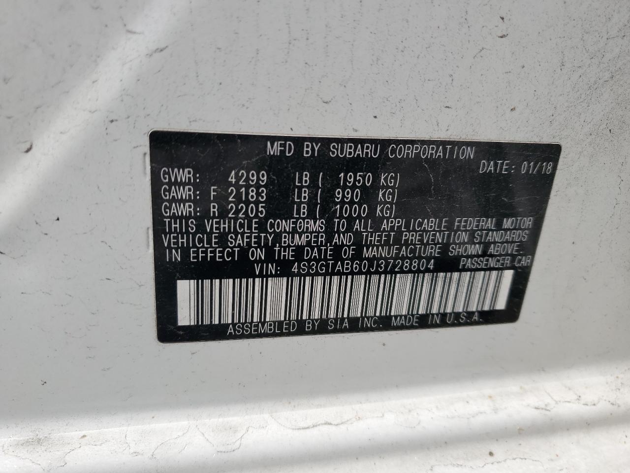 2018 Subaru Impreza Premium VIN: 4S3GTAB60J3728804 Lot: 65454245