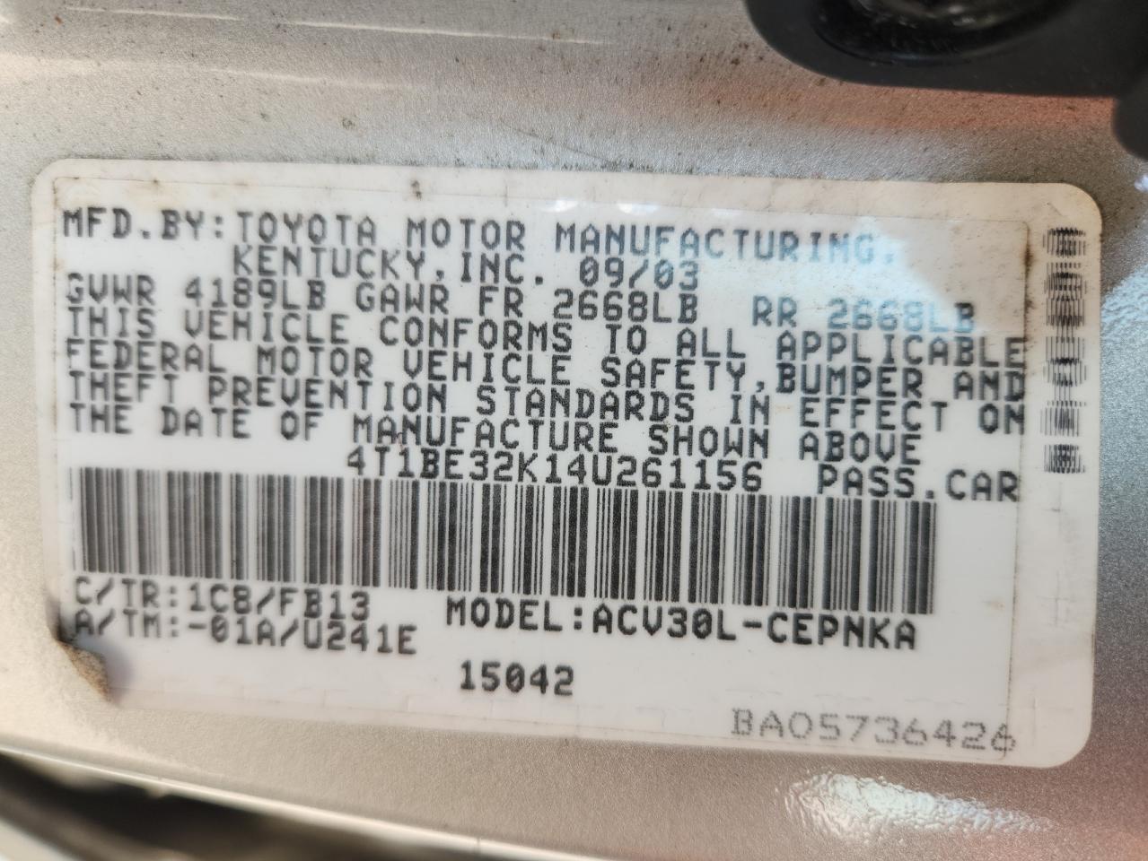 2004 Toyota Camry Le VIN: 4T1BE32K14U261156 Lot: 63976285