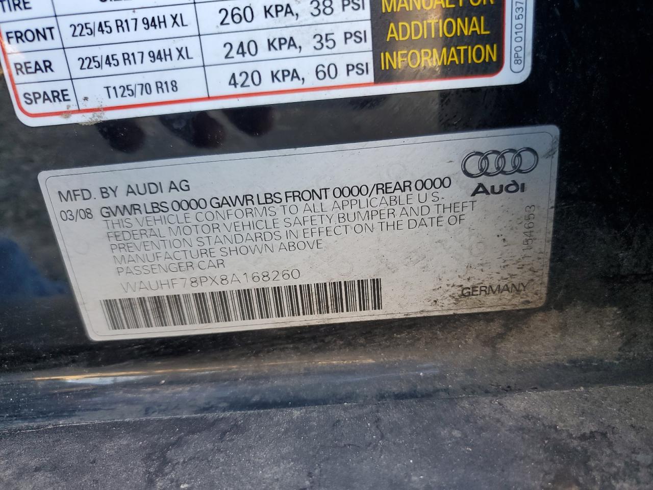 2008 Audi A3 2.0 VIN: WAUHF78PX8A168260 Lot: 63794165
