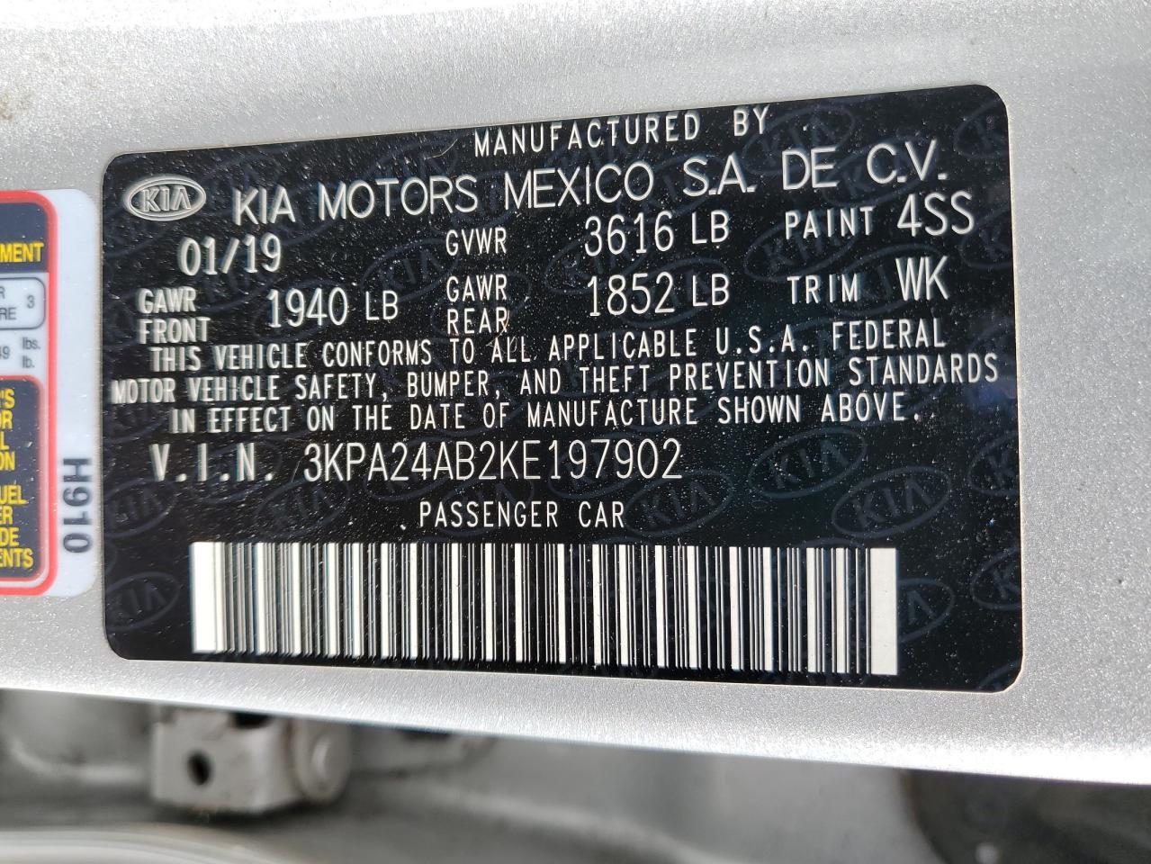 2019 Kia Rio S VIN: 3KPA24AB2KE197902 Lot: 64264005