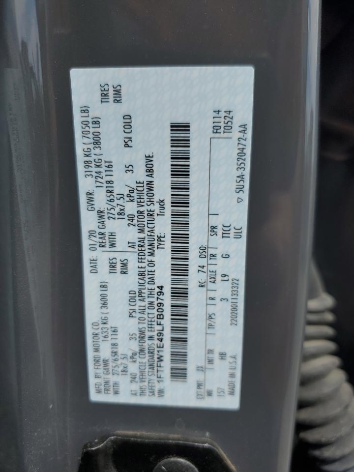 2020 Ford F150 Supercrew VIN: 1FTFW1E49LFB09794 Lot: 65343865