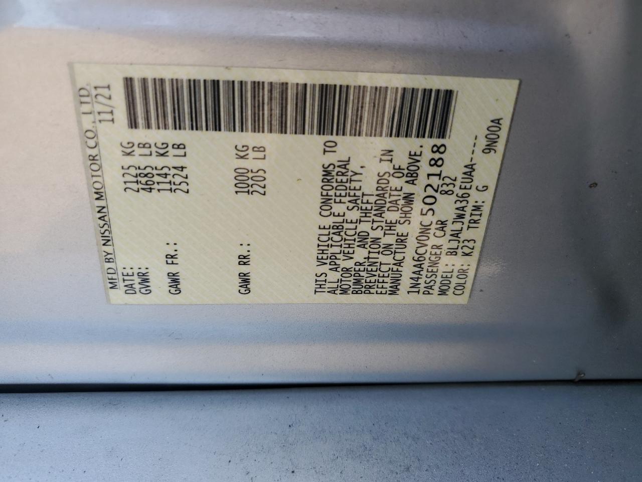 1N4AA6CV0NC502188 2022 Nissan Maxima Sv