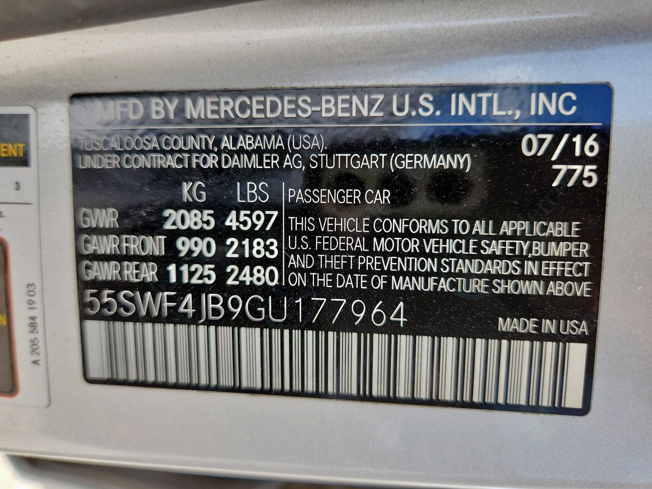 2016 Mercedes-Benz C 300 VIN: 55SWF4JB9GU177964 Lot: 64369945