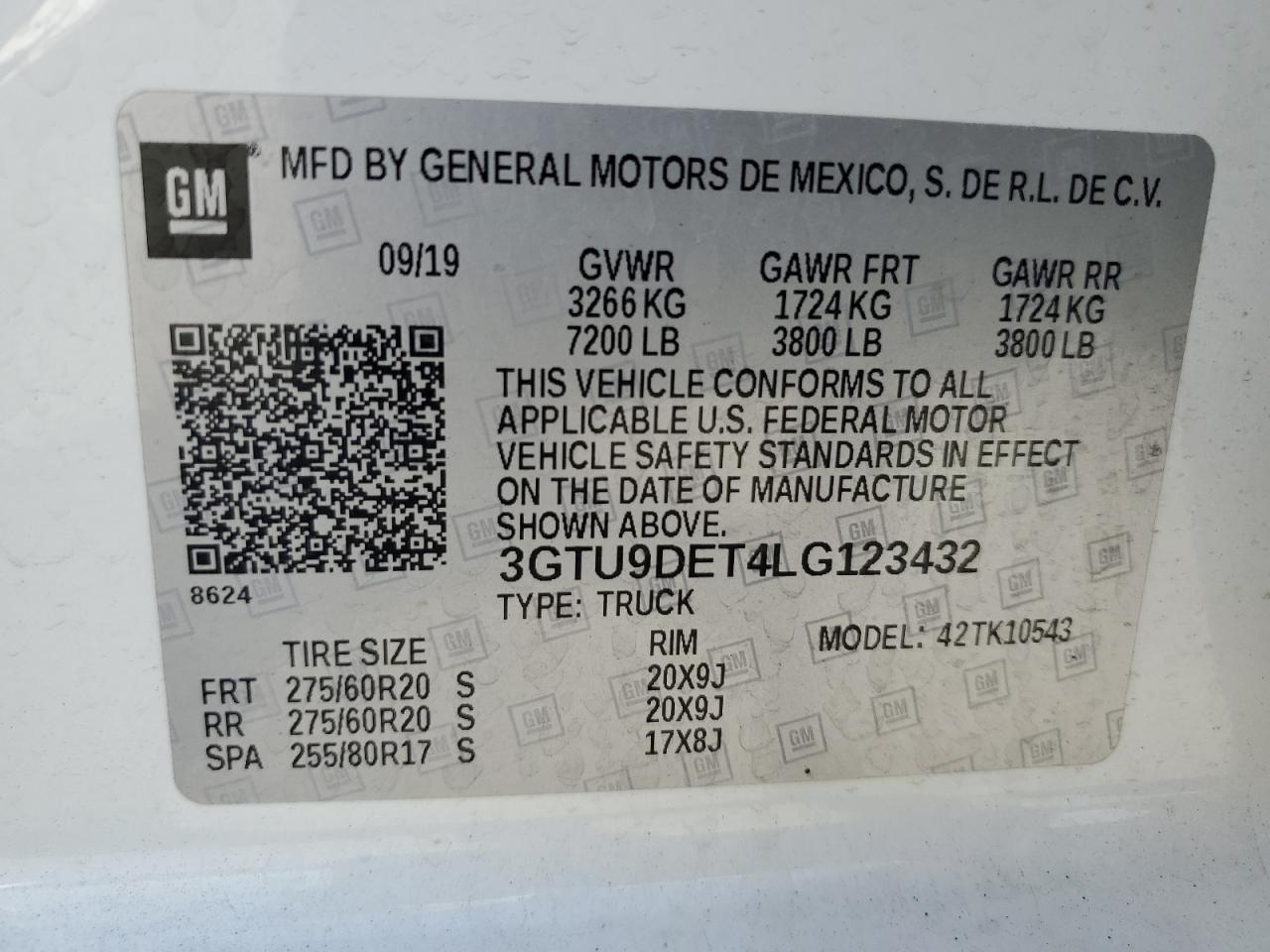 2020 GMC Sierra K1500 Slt VIN: 3GTU9DET4LG123432 Lot: 63318025