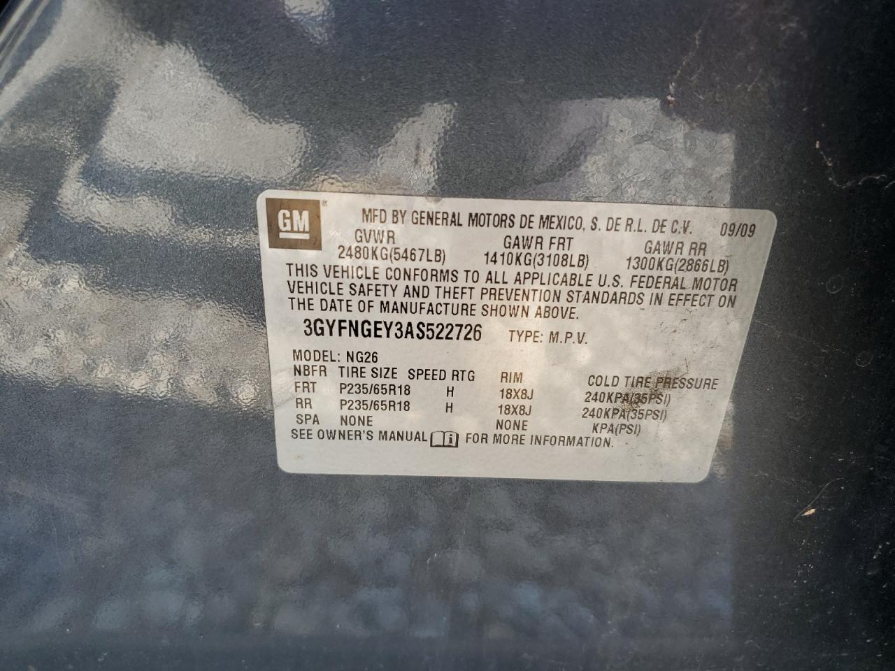 2010 Cadillac Srx VIN: 3GYFNGEY3AS522726 Lot: 62758895