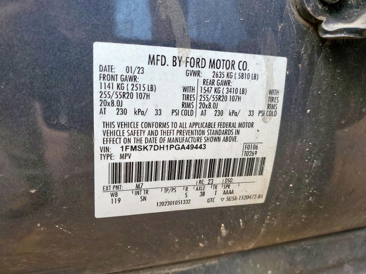 2023 Ford Explorer Xlt VIN: 1FMSK7DH1PGA49443 Lot: 65517115
