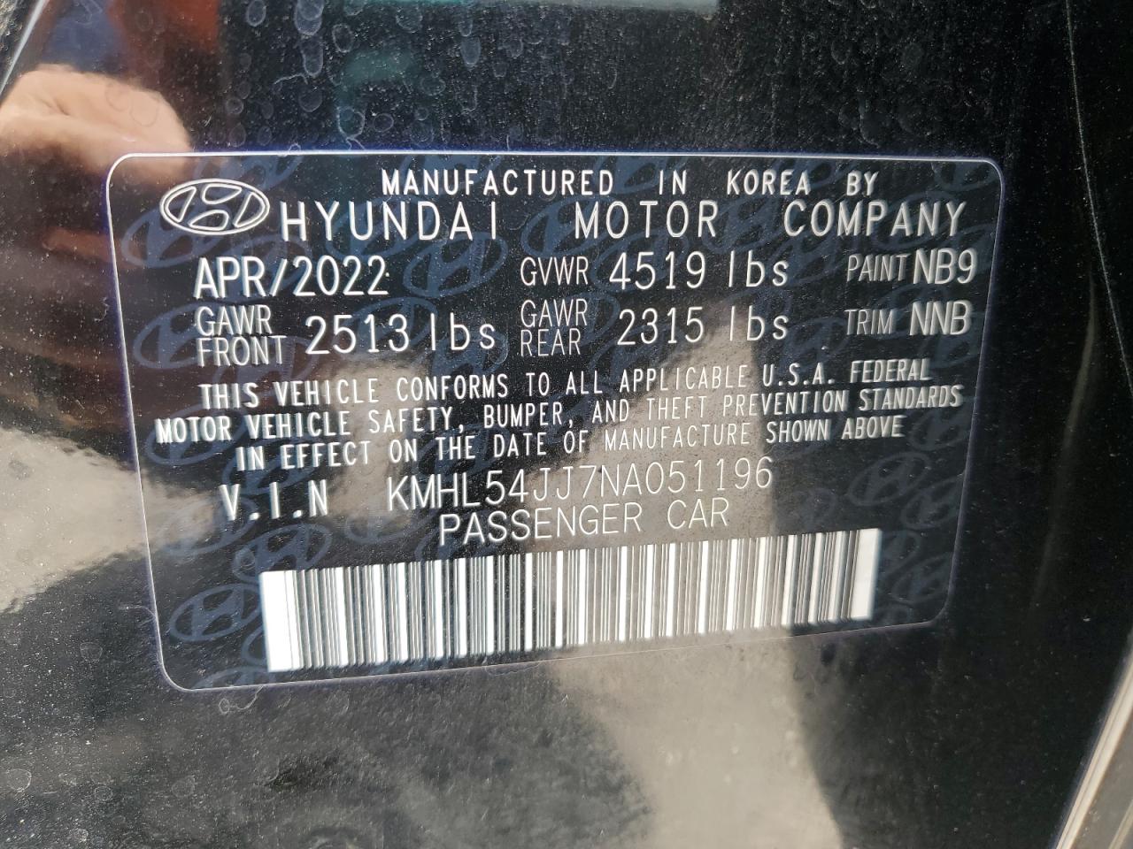 2022 Hyundai Sonata Hybrid VIN: KMHL54JJ7NA051196 Lot: 65190285