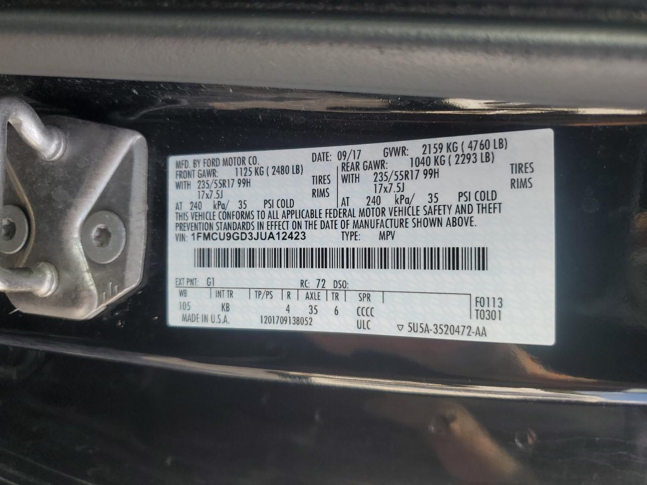 2018 Ford Escape Se VIN: 1FMCU9GD3JUA12423 Lot: 64517805