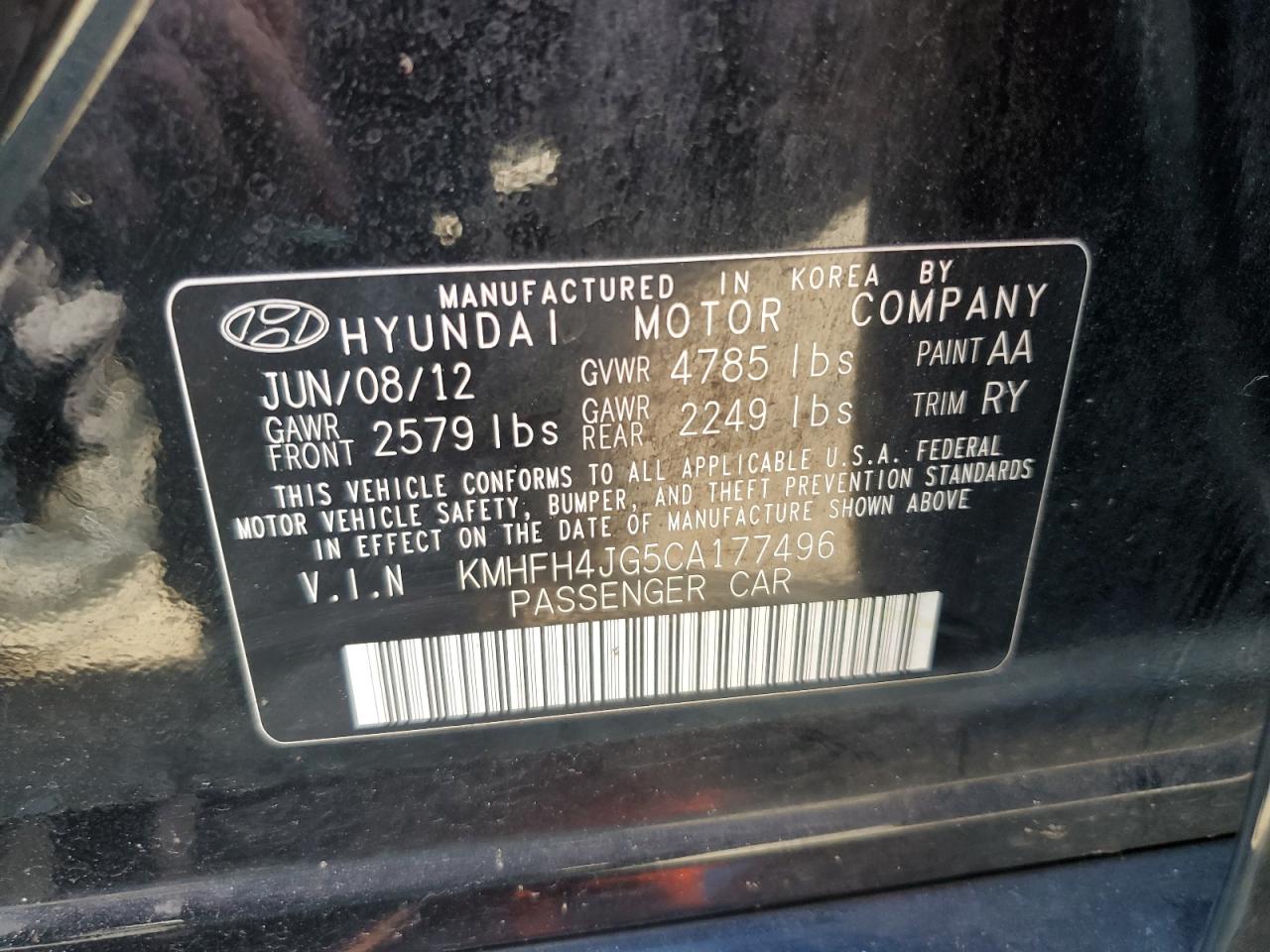 2012 Hyundai Azera Gls VIN: KMHFH4JG5CA177496 Lot: 63402595