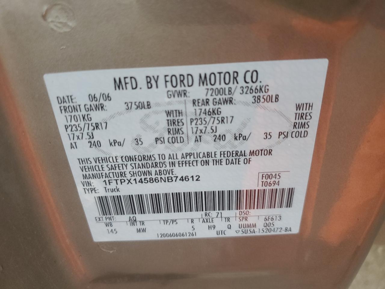 2006 Ford F150 VIN: 1FTPX14586NB74612 Lot: 63769185
