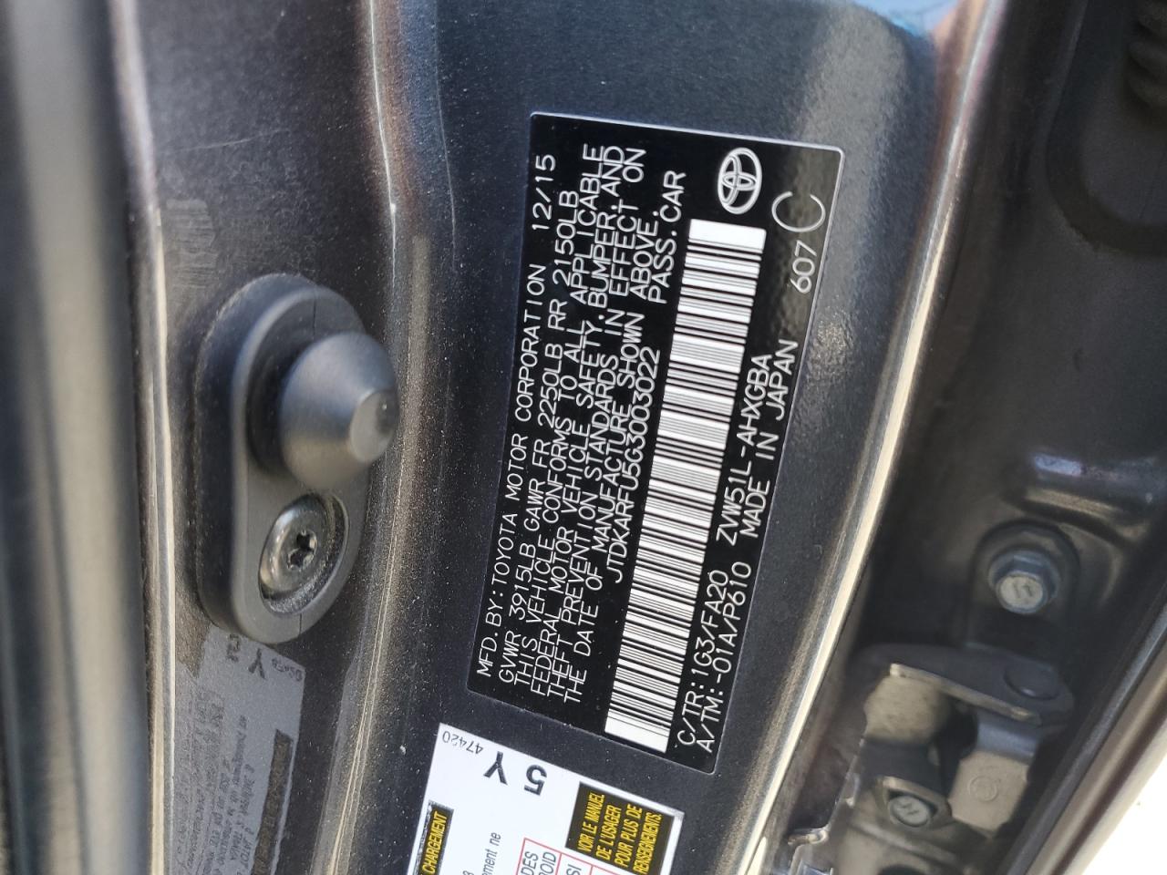 2016 Toyota Prius VIN: JTDKARFU5G3003022 Lot: 63524805