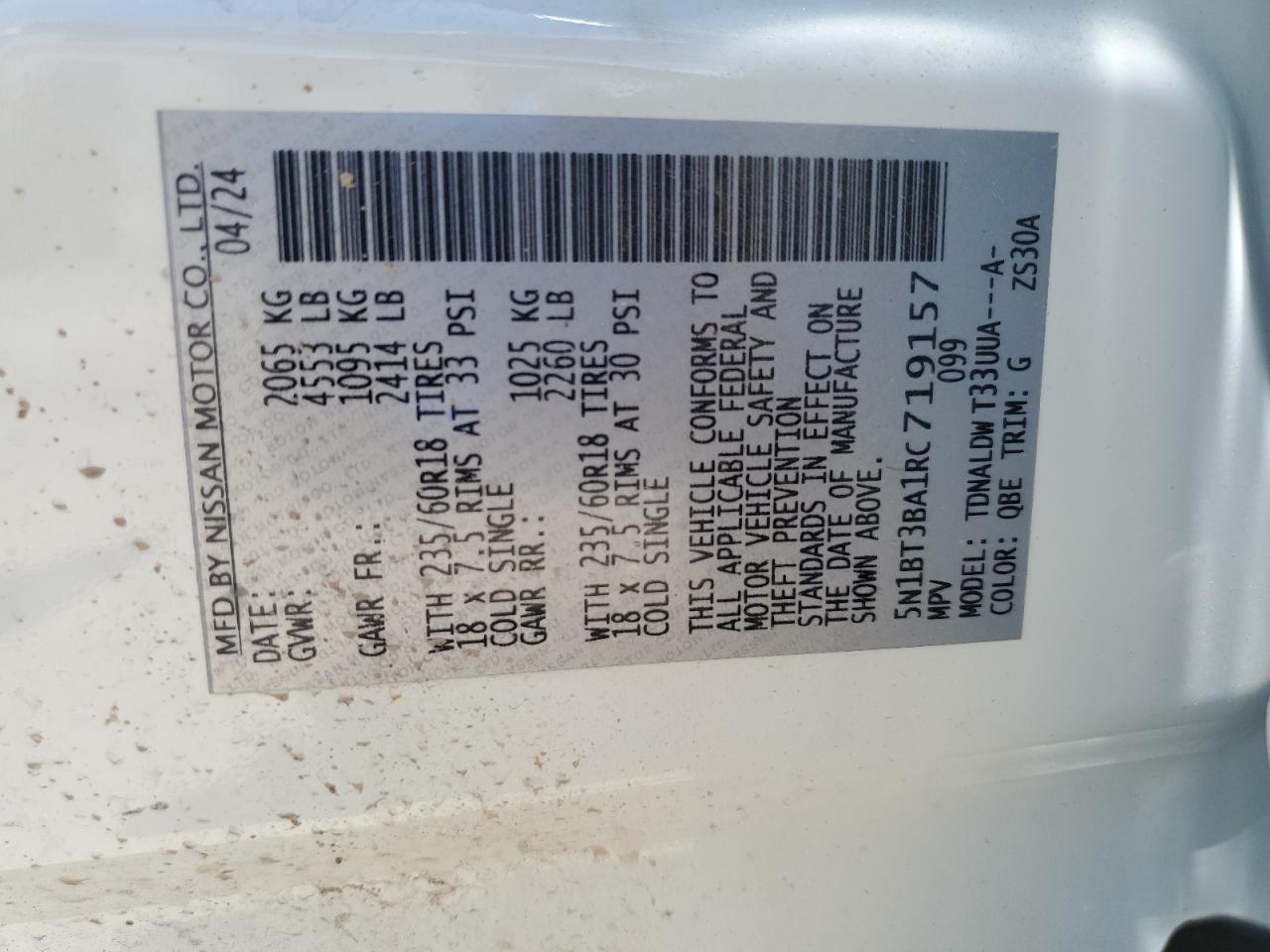 2024 Nissan Rogue Sv VIN: 5N1BT3BA1RC719157 Lot: 65183105