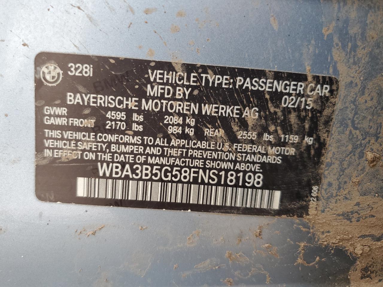 2015 BMW 328 Xi Sulev VIN: WBA3B5G58FNS18198 Lot: 63413385