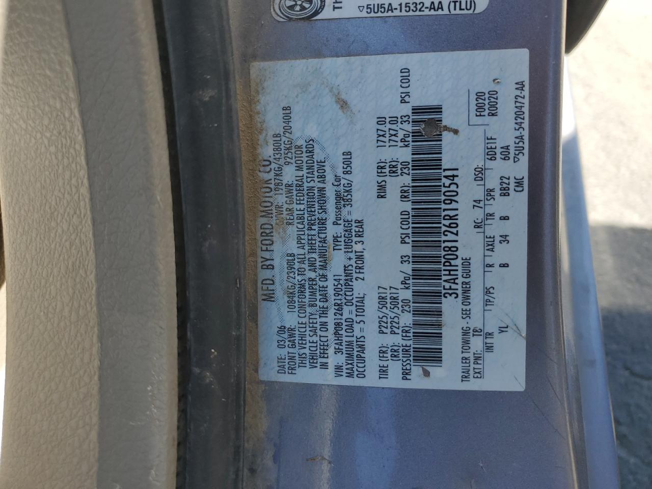 2006 Ford Fusion Sel VIN: 3FAHP08126R190541 Lot: 64370245