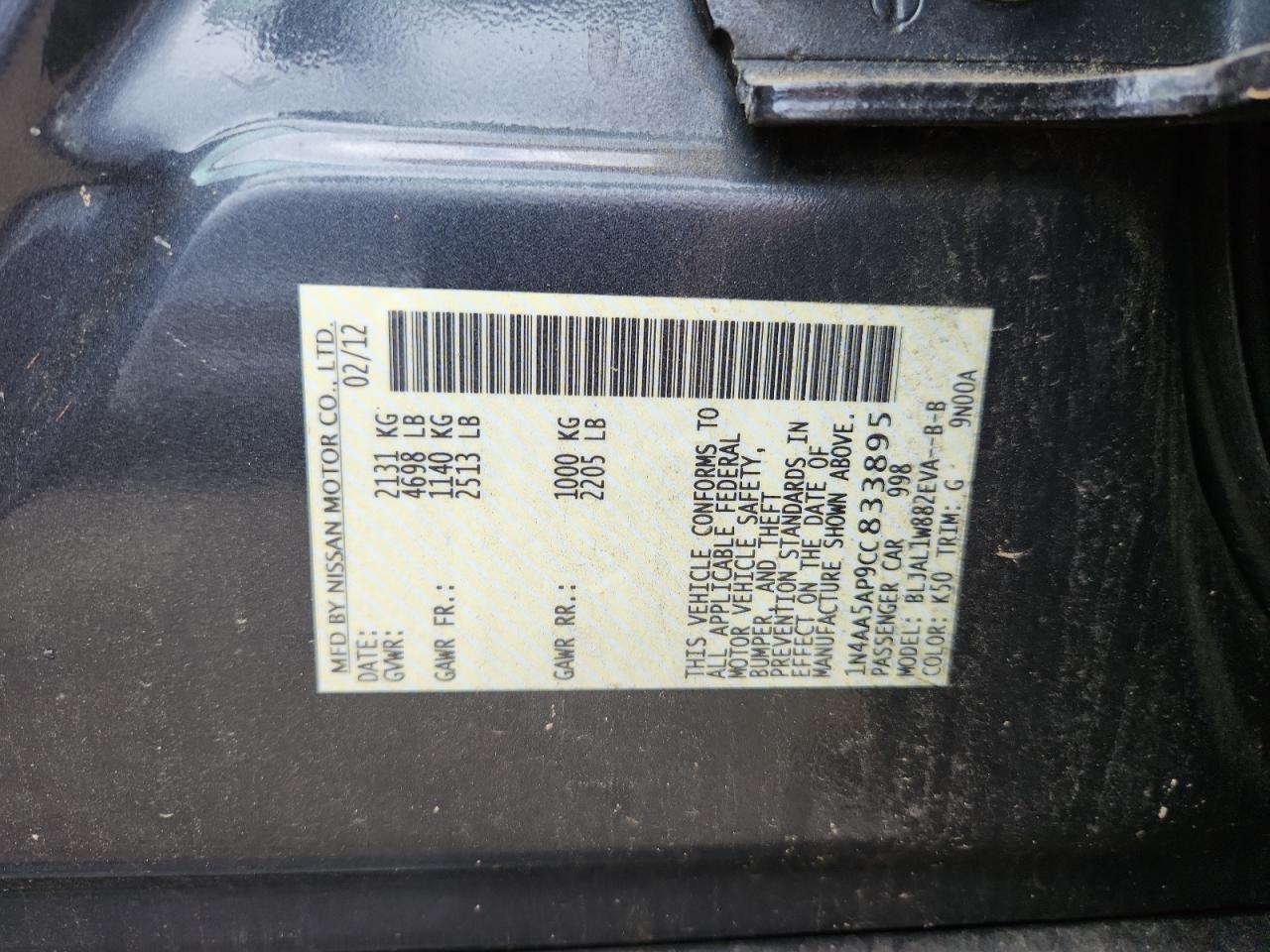 2012 Nissan Maxima S VIN: 1N4AA5AP9CC833895 Lot: 65213455