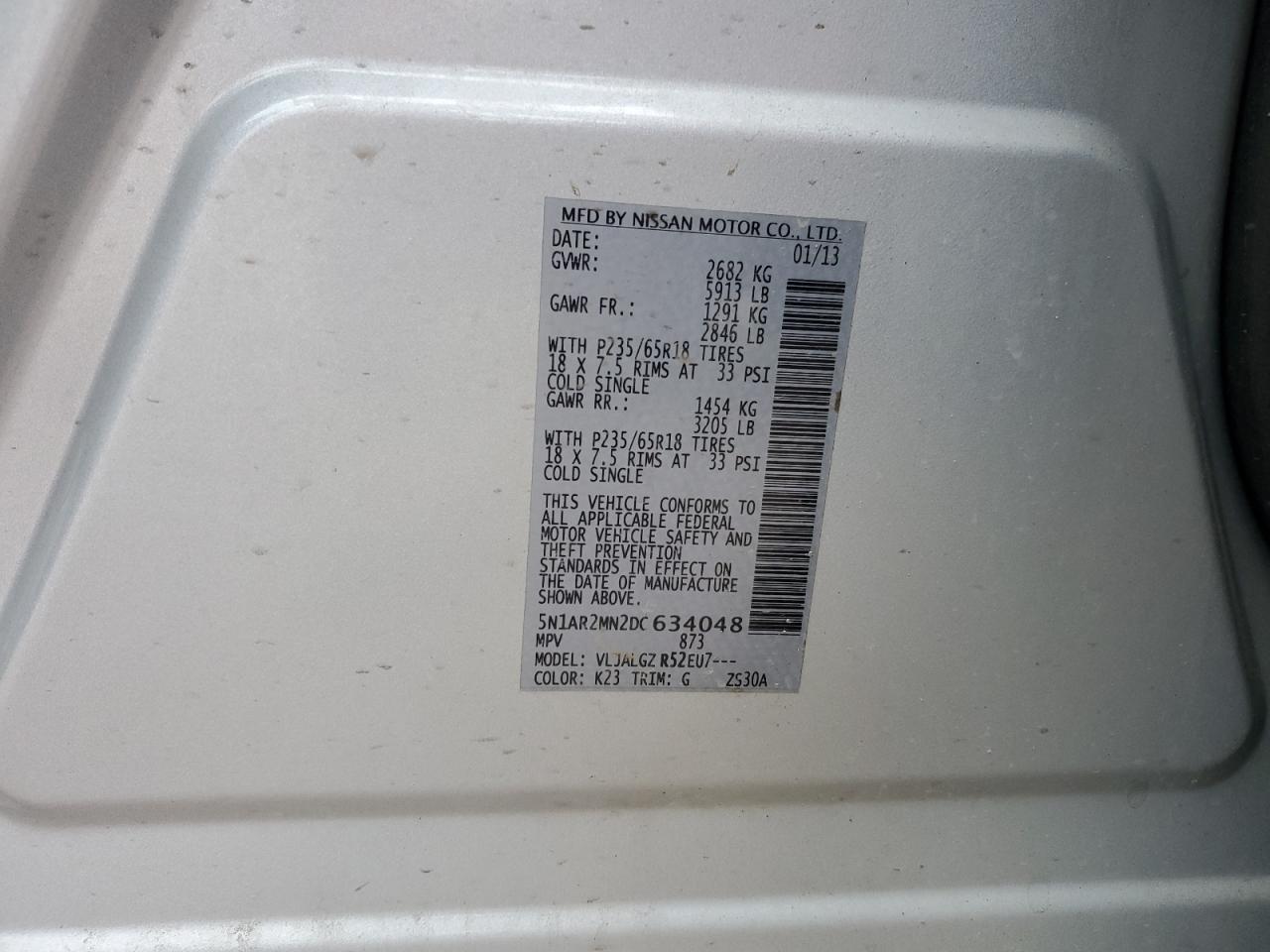 2013 Nissan Pathfinder S VIN: 5N1AR2MN2DC634048 Lot: 65076845