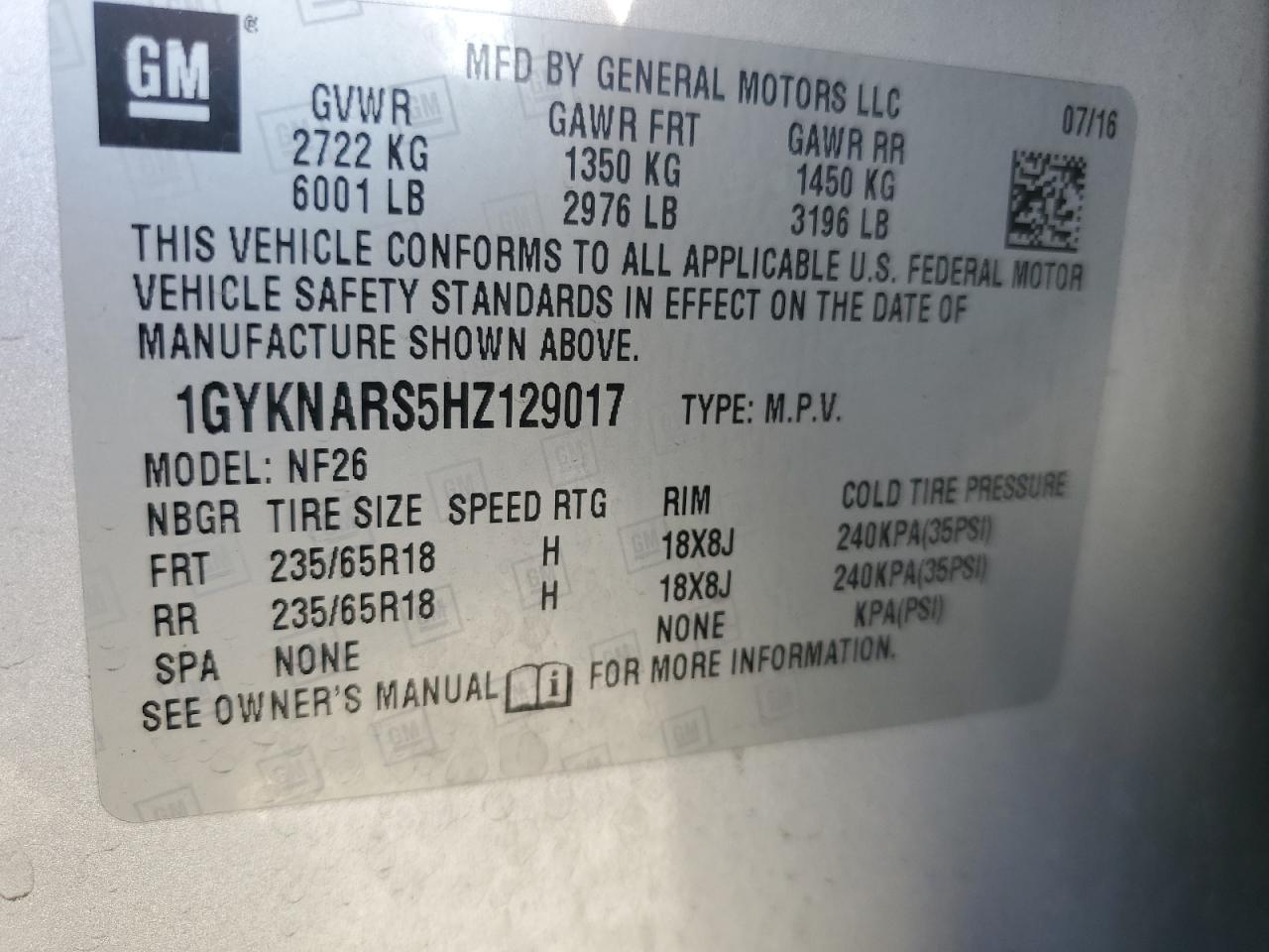 2017 Cadillac Xt5 VIN: 1GYKNARS5HZ129017 Lot: 64133225