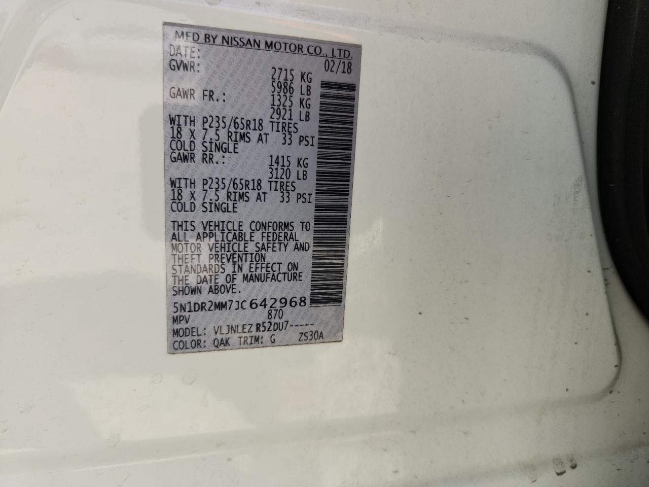 2018 Nissan Pathfinder S VIN: 5N1DR2MM7JC642968 Lot: 65595905