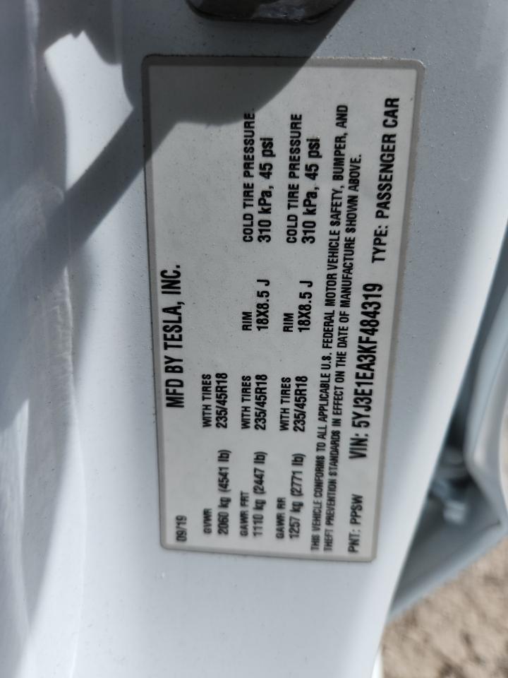 2019 Tesla Model 3 VIN: 5YJ3E1EA3KF484319 Lot: 64718805