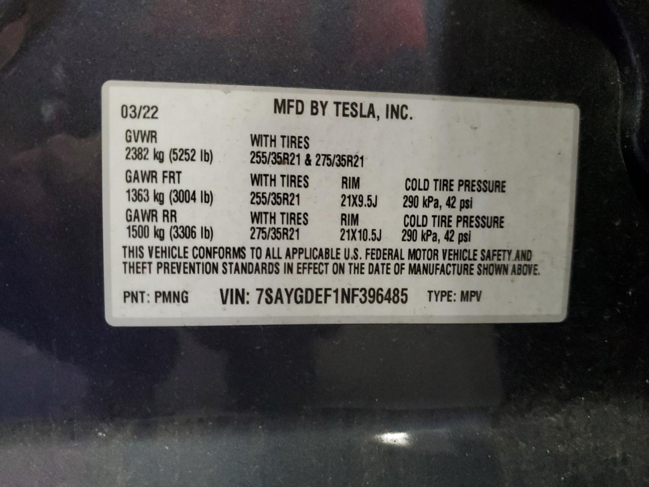 2022 Tesla Model Y VIN: 7SAYGDEF1NF396485 Lot: 63058525