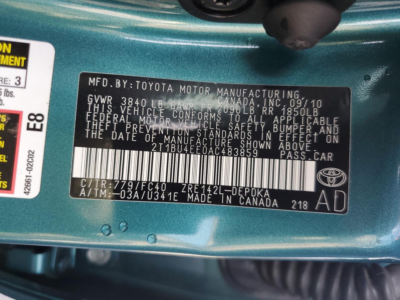2010 Toyota Corolla Base VIN: 2T1BU4EE0AC483859 Lot: 64999545