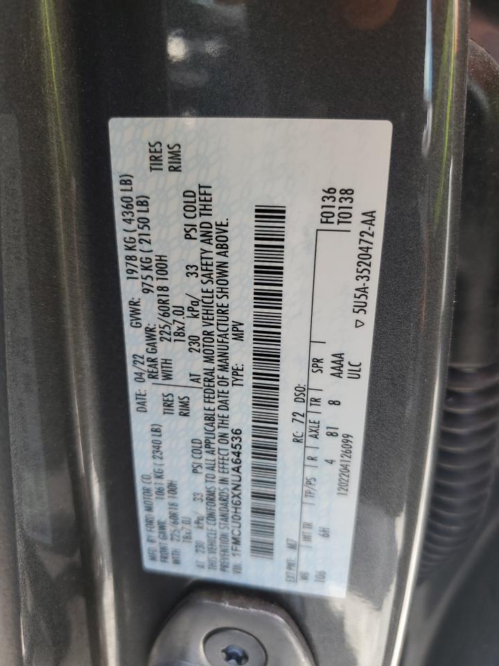2022 Ford Escape Sel VIN: 1FMCU0H6XNUA64536 Lot: 64402745