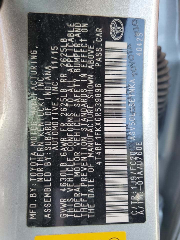 2016 Toyota Camry Le VIN: 4T4BF1FKXGR539896 Lot: 64698695