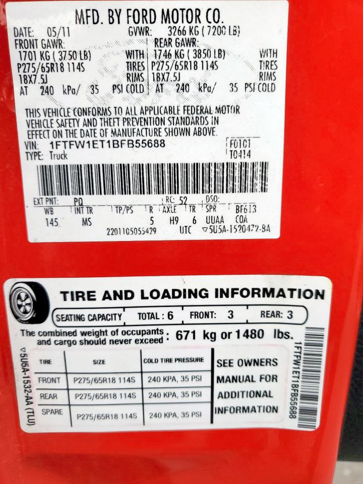 2011 Ford F150 Supercrew VIN: 1FTFW1ET1BFB55688 Lot: 66327095