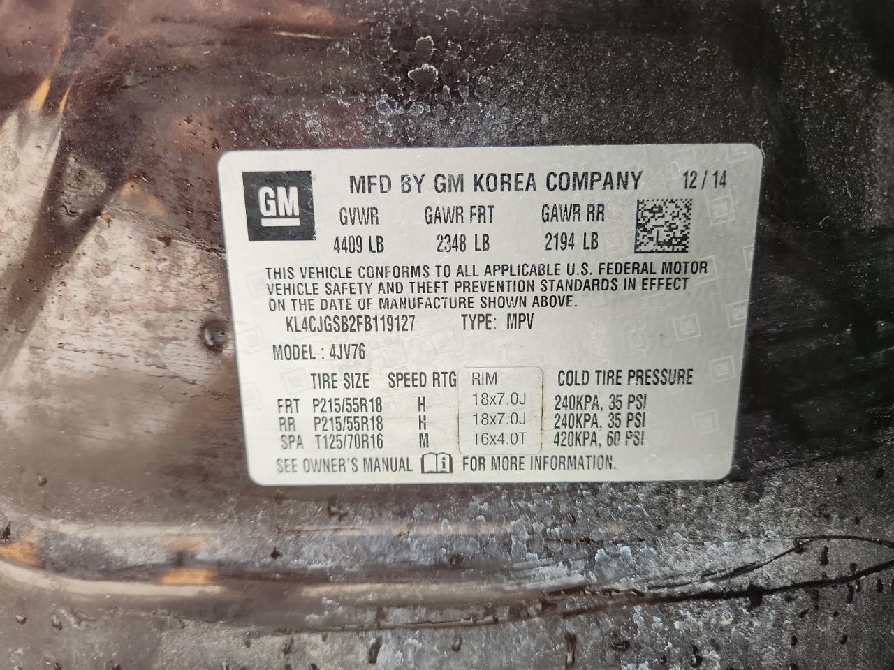 2015 Buick Encore VIN: KL4CJGSB2FB119127 Lot: 63270385