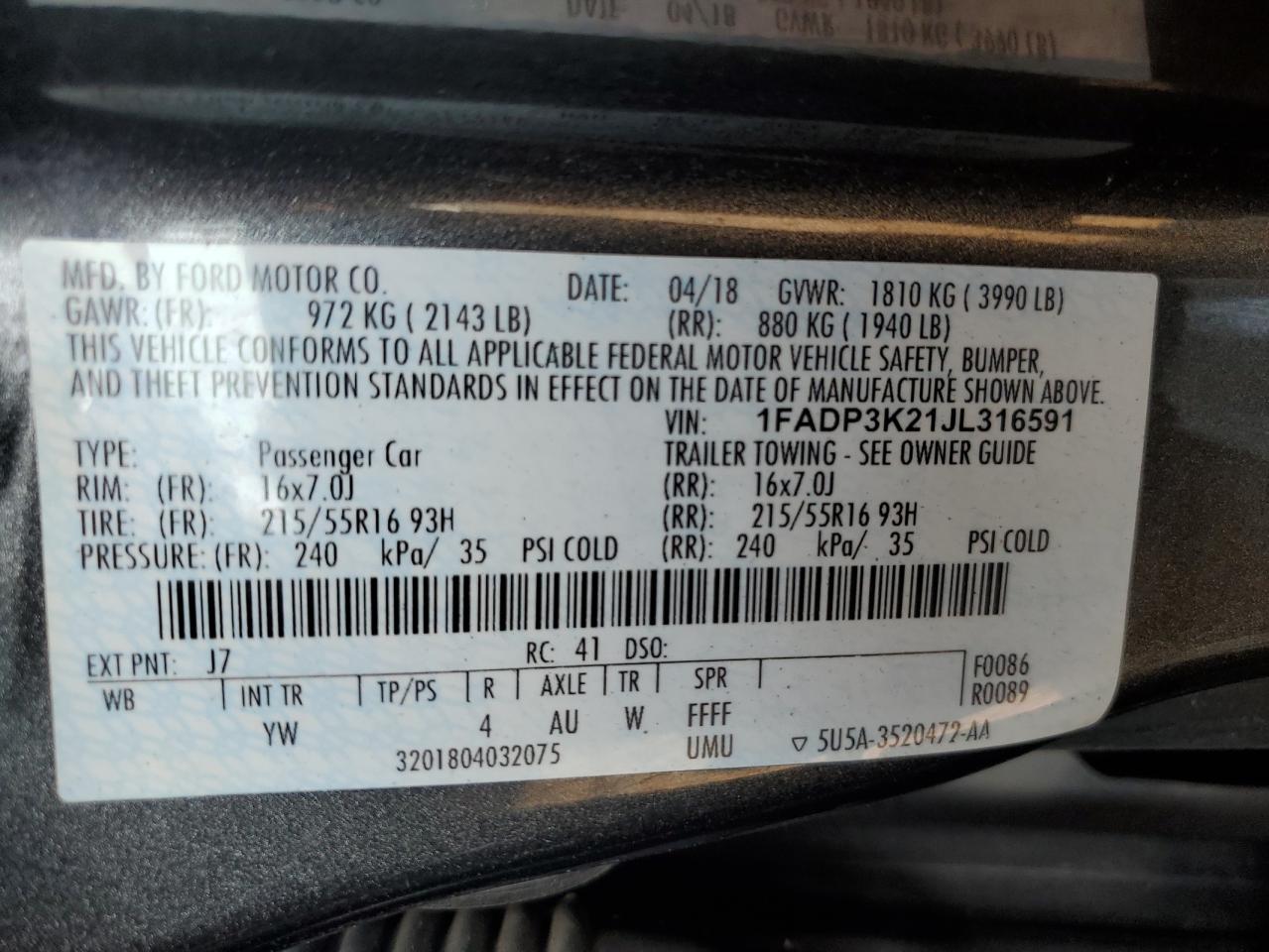 2018 Ford Focus Se VIN: 1FADP3K21JL316591 Lot: 62742535