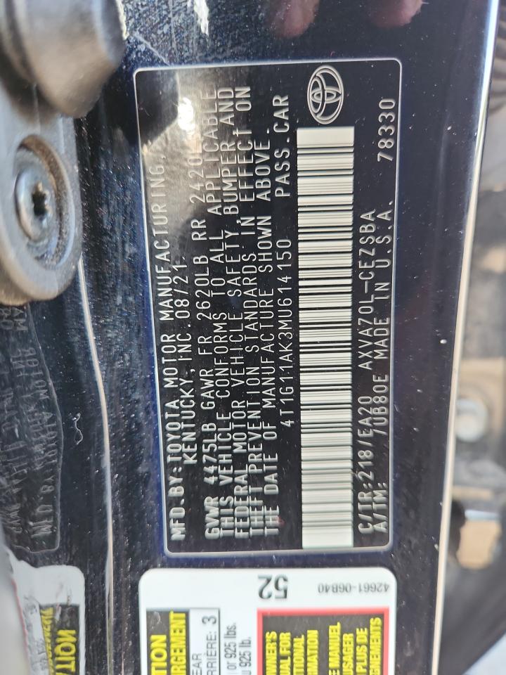 2021 Toyota Camry Se VIN: 4T1G11AK3MU614150 Lot: 63801635