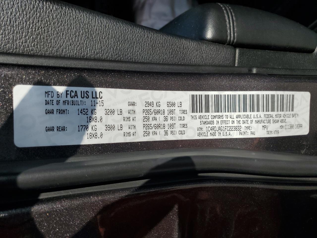 2015 Dodge Durango Sxt VIN: 1C4RDJAG1FC223832 Lot: 67100105