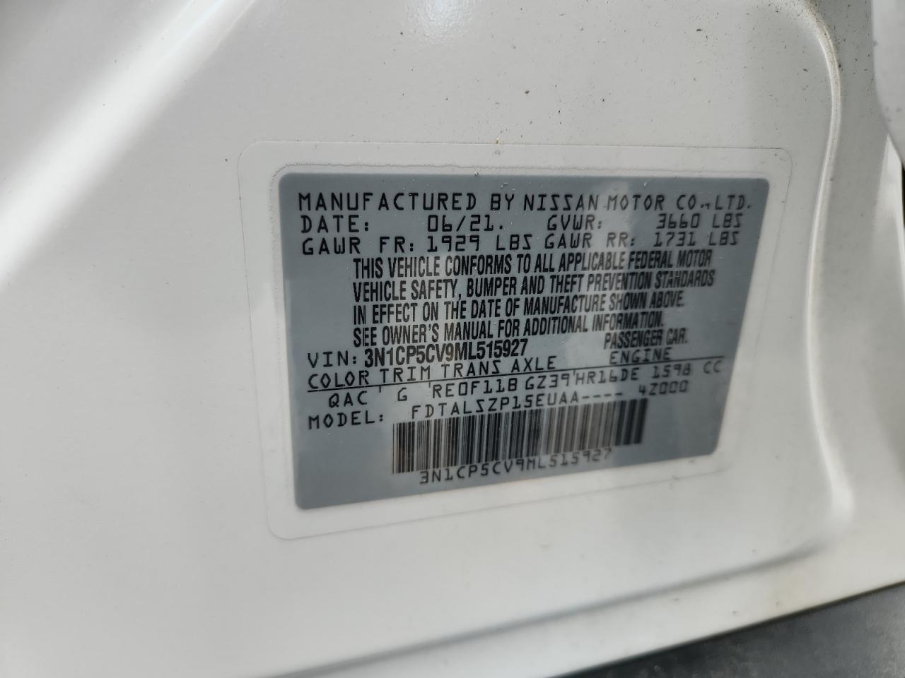 2021 Nissan Kicks Sv VIN: 3N1CP5CV9ML515927 Lot: 65063335