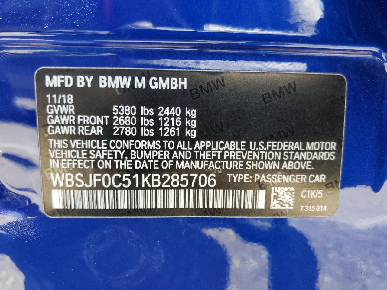 2019 BMW M5 VIN: WBSJF0C51KB285706 Lot: 64506305