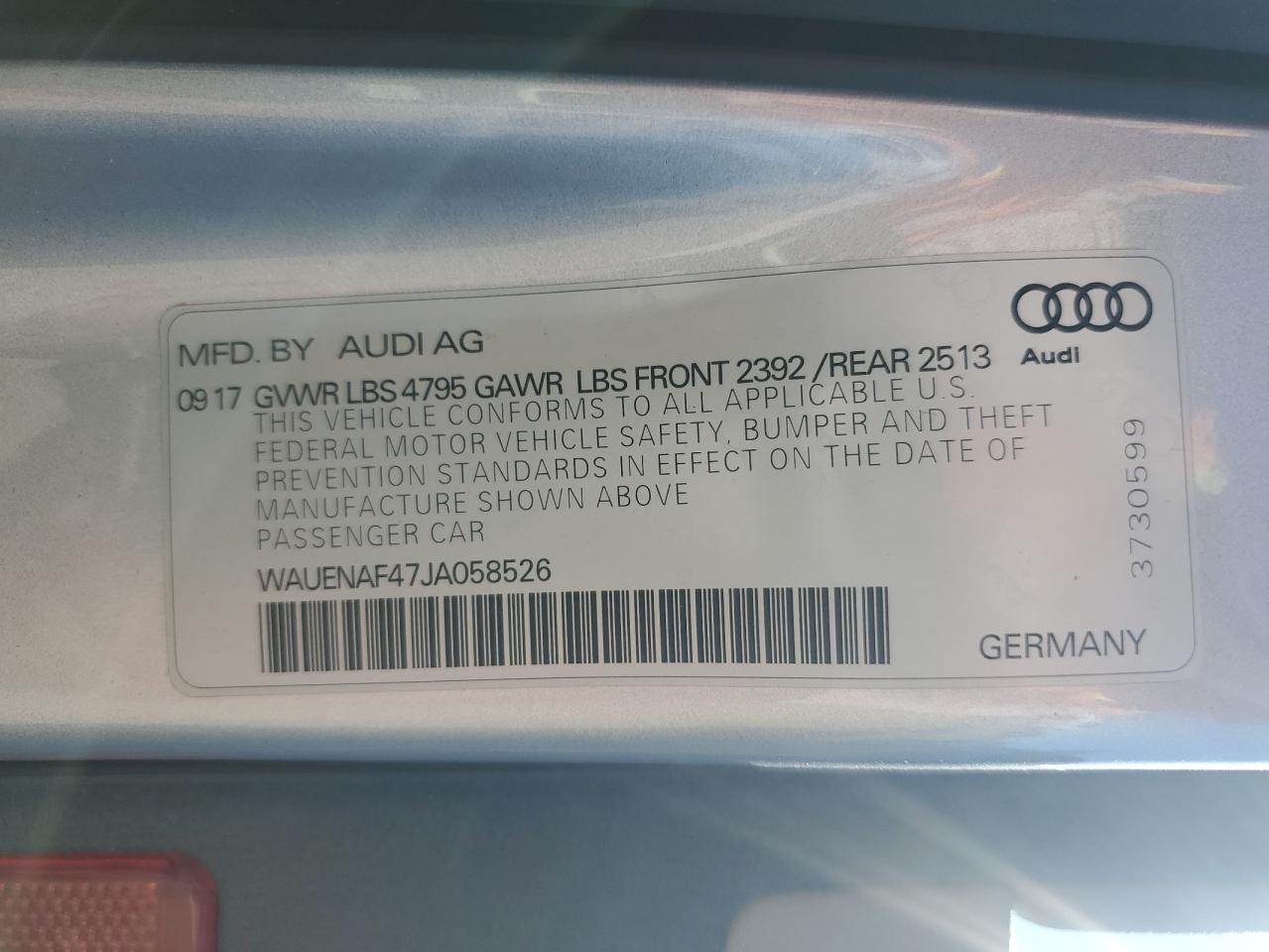 2018 Audi A4 Premium Plus VIN: WAUENAF47JA058526 Lot: 64323675