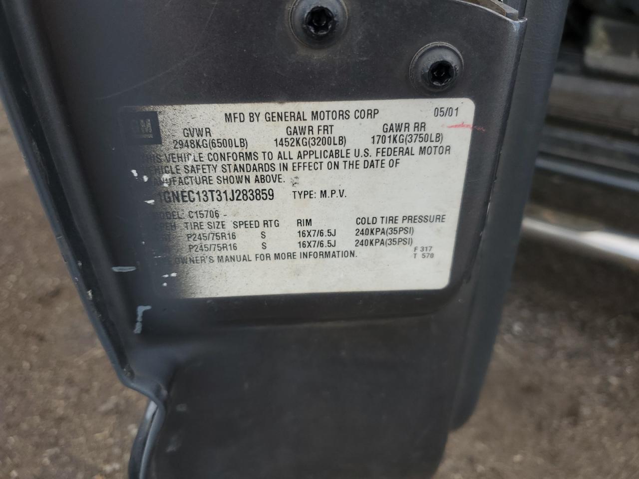 2001 Chevrolet Tahoe C1500 VIN: 1GNEC13T31J283859 Lot: 65246465