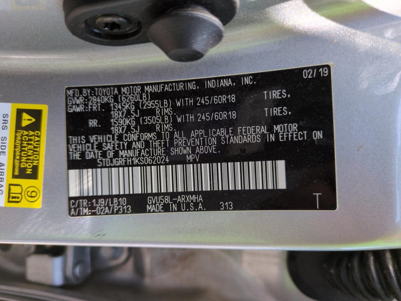 2019 Toyota Highlander Hybrid VIN: 5TDJGRFH1KS062024 Lot: 64450945