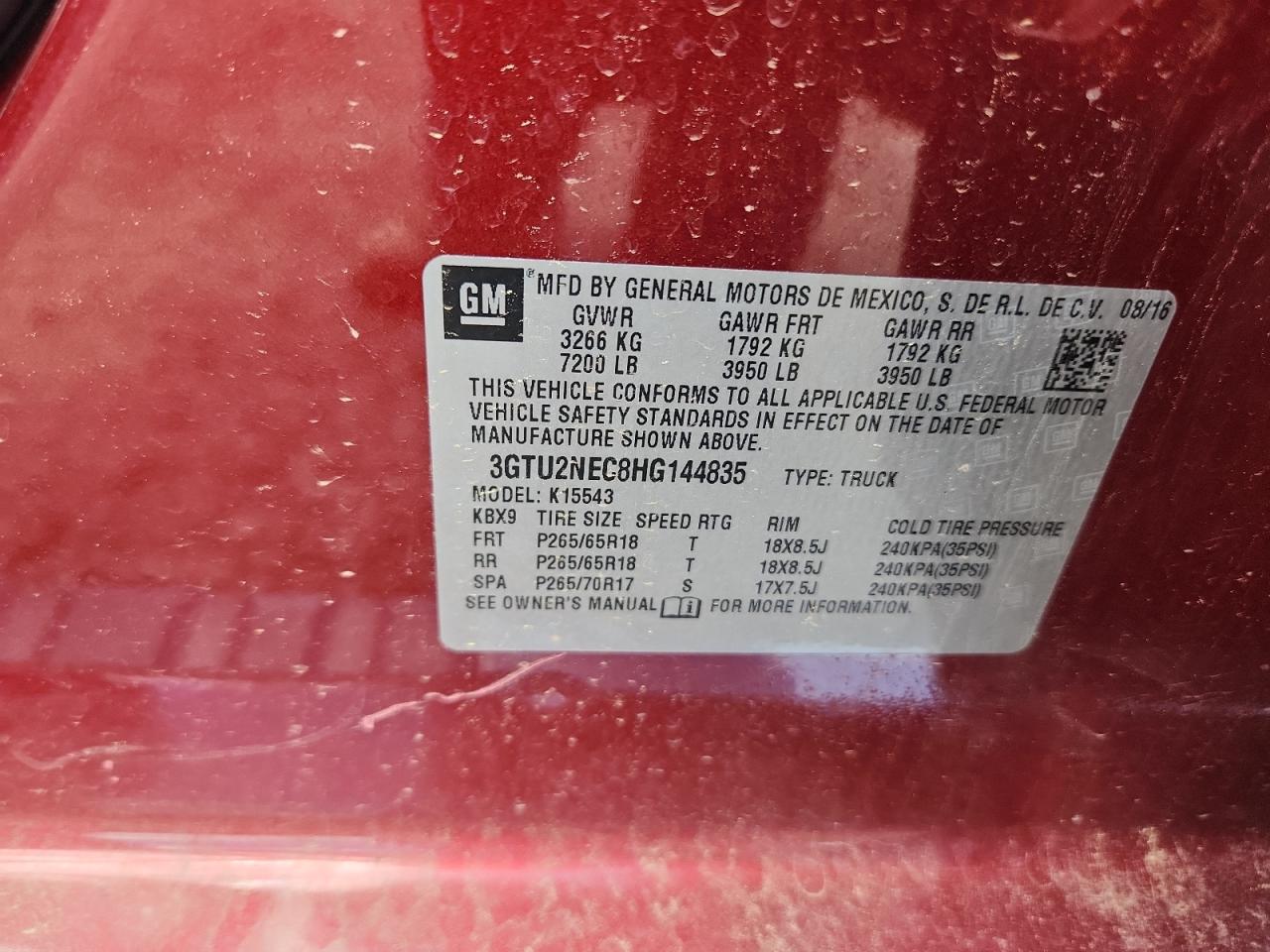 2017 GMC Sierra K1500 Slt VIN: 3GTU2NEC8HG144835 Lot: 62492035