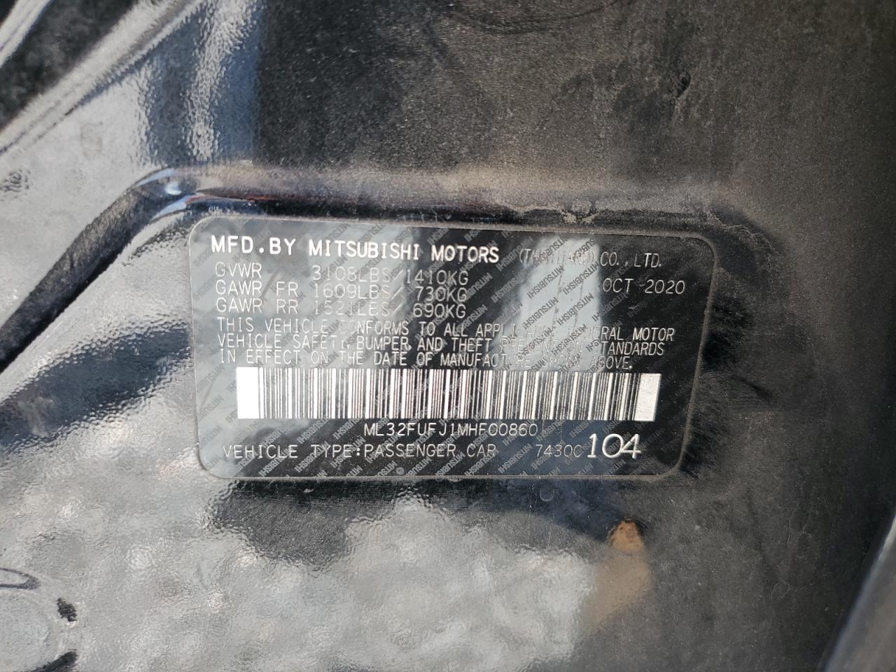 2021 Mitsubishi Mirage G4 Es VIN: ML32FUFJ1MHF00860 Lot: 64508375