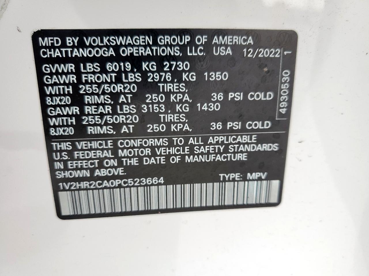 2023 Volkswagen Atlas Se VIN: 1V2HR2CA0PC523664 Lot: 63017845