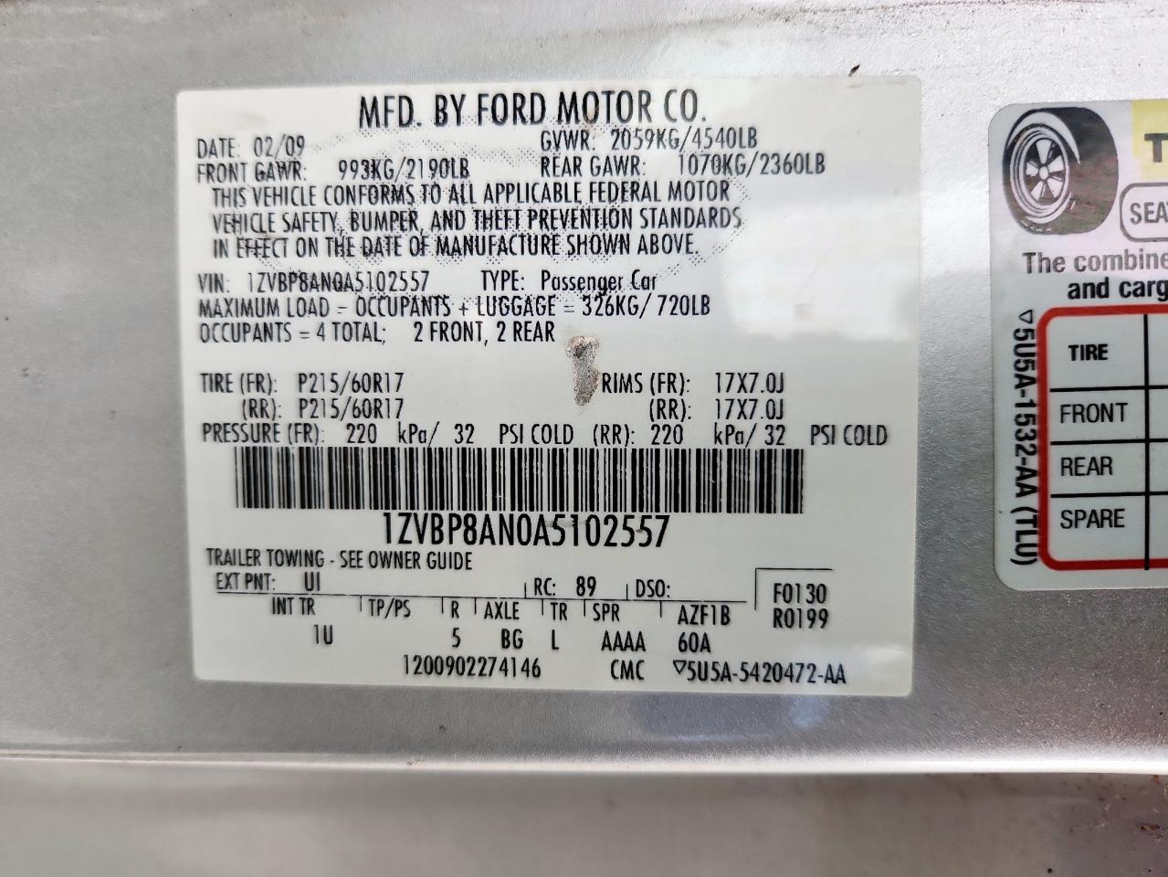2010 Ford Mustang VIN: 1ZVBP8AN0A5102557 Lot: 63242505
