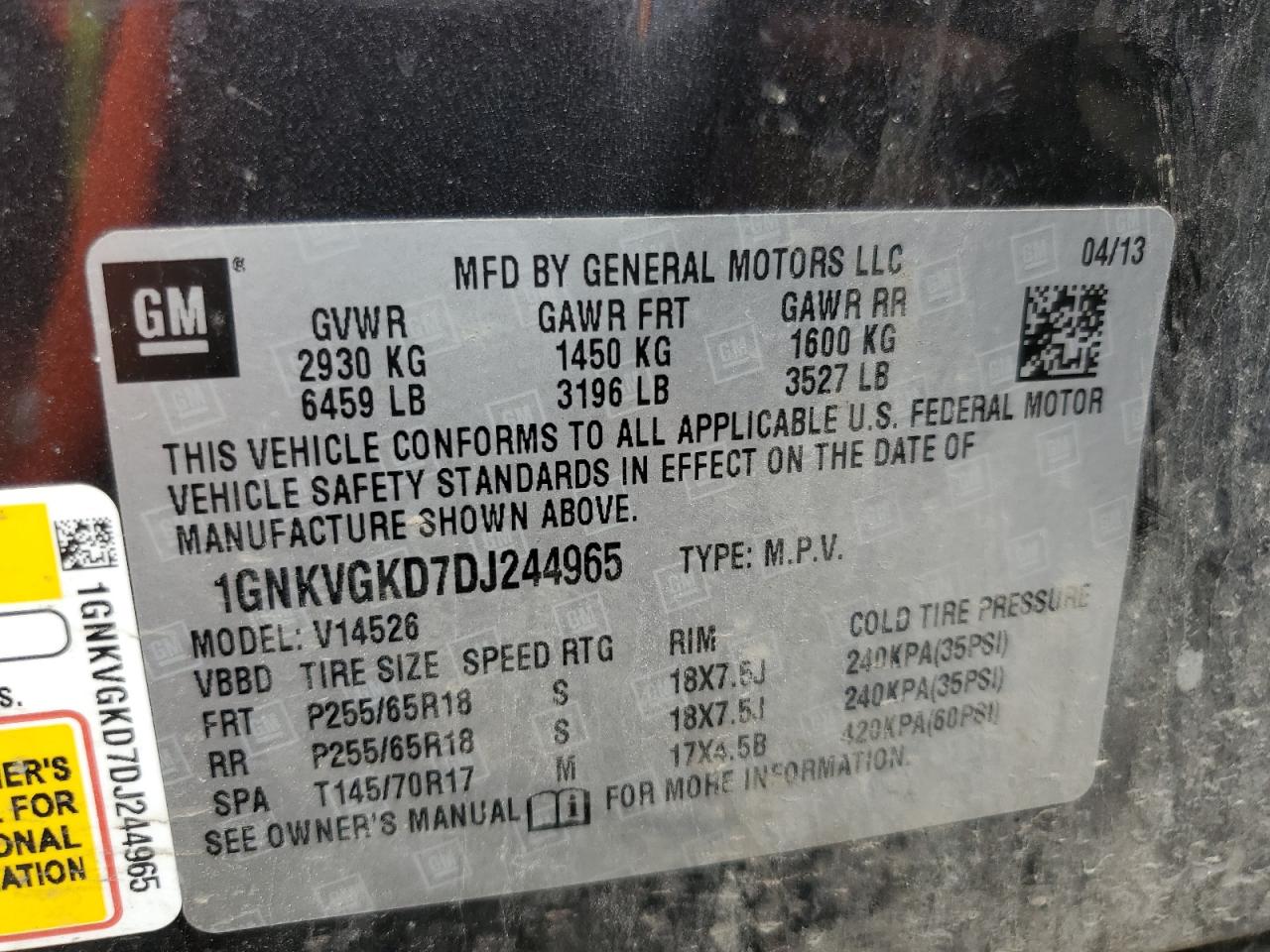 2013 Chevrolet Traverse Lt VIN: 1GNKVGKD7DJ244965 Lot: 64586505
